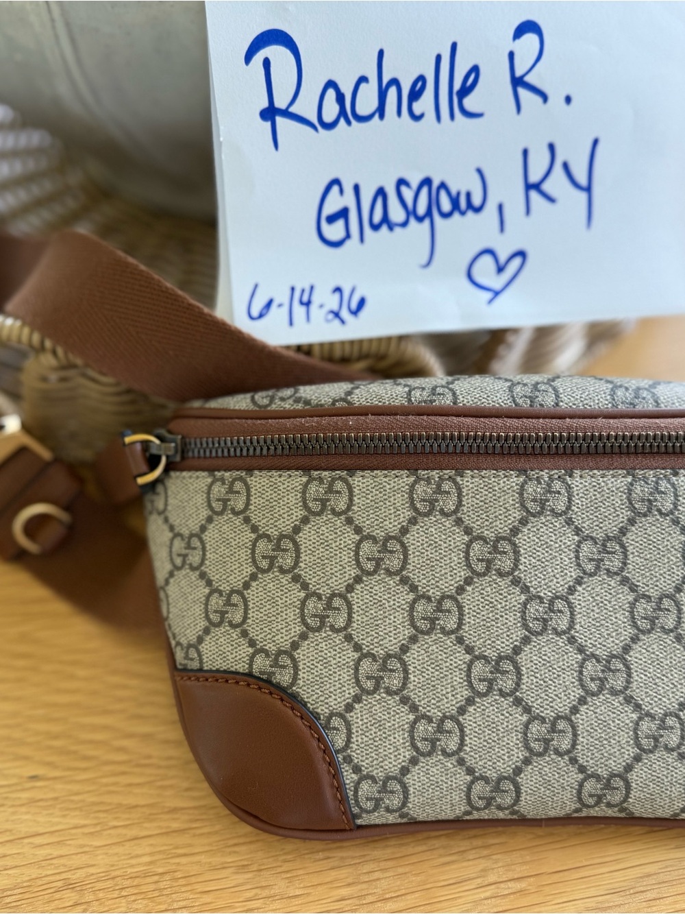 Gucci small emblem belt bag Beige Canvas with Brown Leather Trim